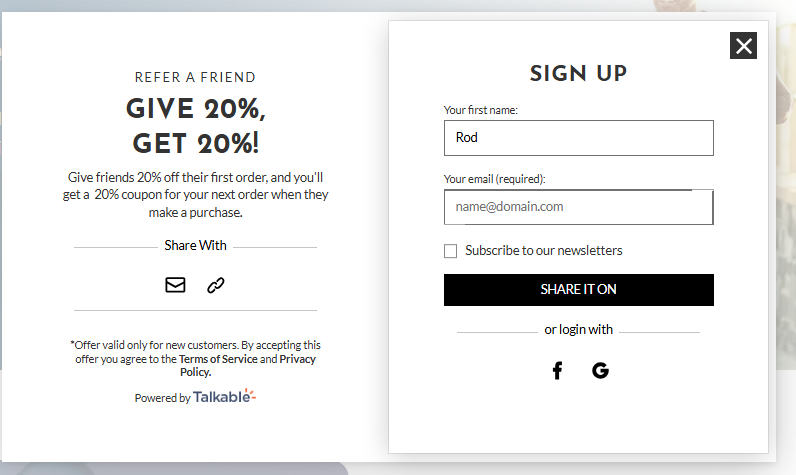 AU site referral popup showing REFER A FRIEND - GIVE 20%, GET 20% with share options and sign up form