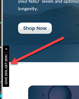 Screenshot showing the floating referral tab on the left edge of the AU site, with red arrow pointing to it