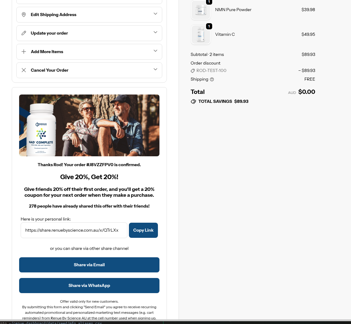 Post-purchase popup showing Give 20%, Get 20% with referral link and share buttons
