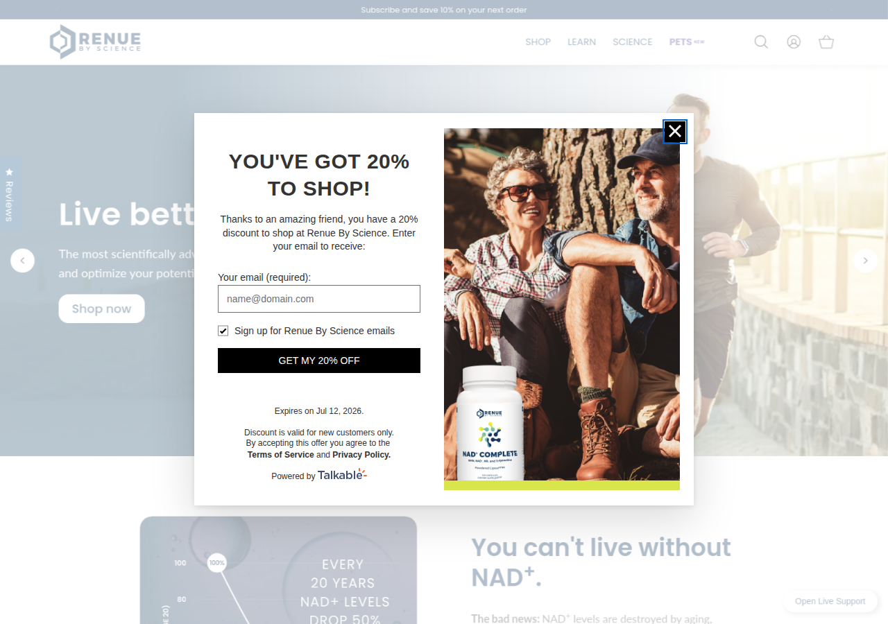 Share link landing page showing YOU'VE GOT 20% TO SHOP! with email entry form