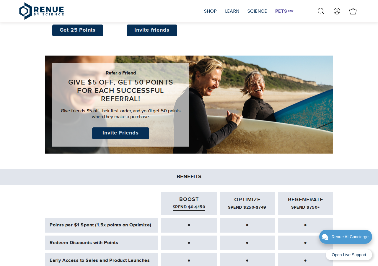 Loyalty tiers showing Boost, Optimize, and Regenerate levels with the referral section above